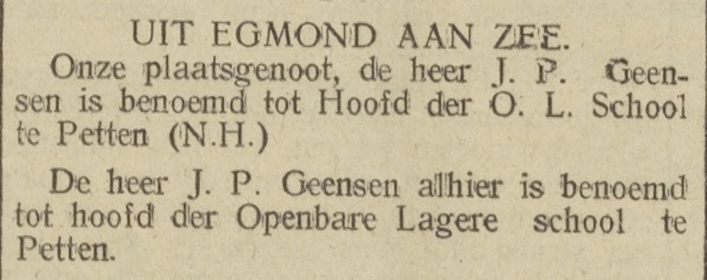 1925-08-13 AC, pagina 6 - Benoeming J.P. Geensen tot hoofd O.L. school te Petten